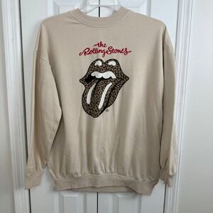 H&M Rolling Stones Leopard Tongue Graphic Sweatshirt Top Women's Size 20 Beige